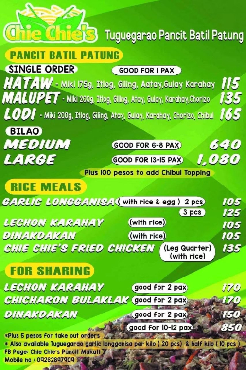 Chie Chie's Pancit Batil Patung — Menu reference
