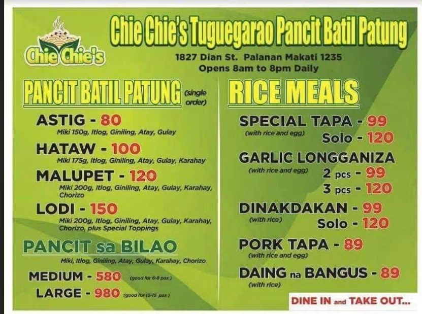 Chie Chie's Pancit Batil Patung — Menu reference